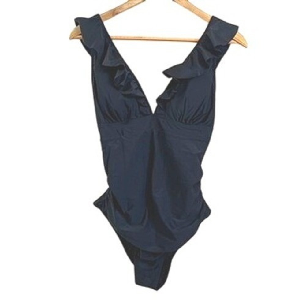 Cupshe One Piece Swimsuit Ruffle V Neck Tie Back Black Women's Size Large